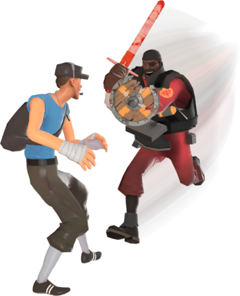 A Demoman using the Chargin' Targe to charge towards a Scout.